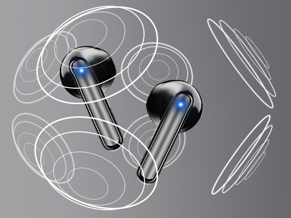 Wireless earbuds with black stems and round tips, featuring blue LED lights. White circular lines surround the earbuds, suggesting sound waves or connectivity.