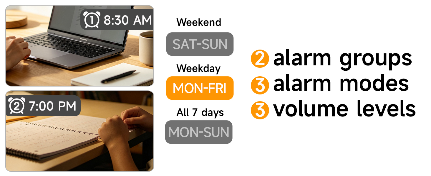 dual alarm clock with weekday weekend mode 3 volume levels for heavy sleepers teens adults