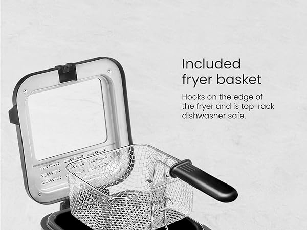 Hooks on the edge of the fryer and is top-rack dishwasher safe./