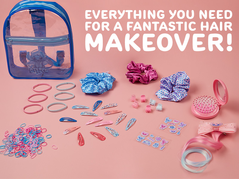 Text reads 'EVERYTHING YOU NEED FOR A FANTASTIC HAIR MAKEOVER!' Clear backpack with blue trim containing hair accessories: scrunchies in blue/pink/purple, elastic bands, and hair clips on pink background.