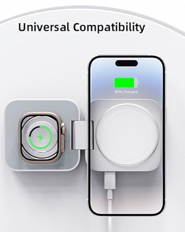 Wireless charging pad with universal compatibility for various smartphone models and smartwatches, showing different device icons and charging capabilities.