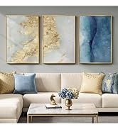 Large Framed Abstract Wall Art for Living Room, Luxury 3 Piece Canvas Blue White and Gold Prints ...