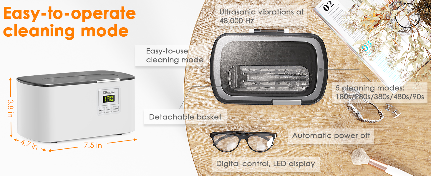 White ultrasonic cleaner with digital display, showing features like easy-to-operate cleaning mode, automatic power off, and digital heater control.
