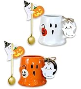 Domini 14.78 oz Halloween Ghost face Pumpkin Coffee Mug(set of 2) - Cute Ceramic Cup with spoons,...