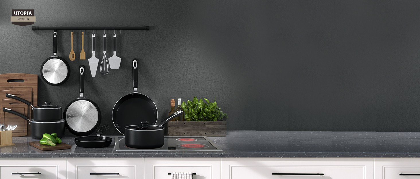 Utopia Kitchen Essentials displayed over the top counter of the kitchen.