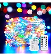 33Ft 100LED Outdoor String Lights, Fairy Lights Battery Operated with Remote, Waterproof Twinkle ...