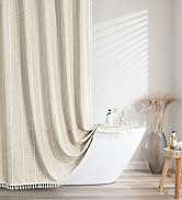 shower curtain set shower curtains boho farmhouse fabric linen decor stripe tassels taupe tan beige