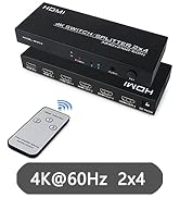 4K HDMI Switch Splitter 2 in 4 Out, 4K@60Hz 2x4 HDMI Splitter Switch with Remote, 3.5mm and SPDIF...