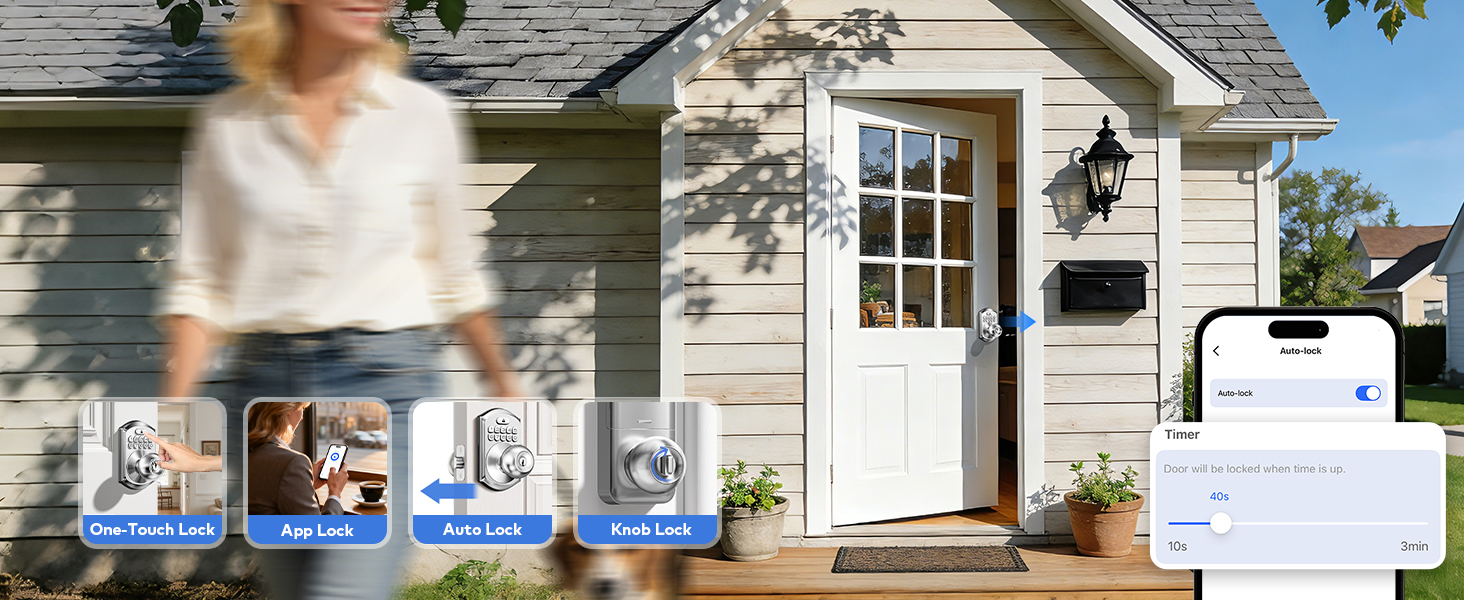 Lock your door via one-touch, auto lock, app control, or interior knob for flexible, secure access