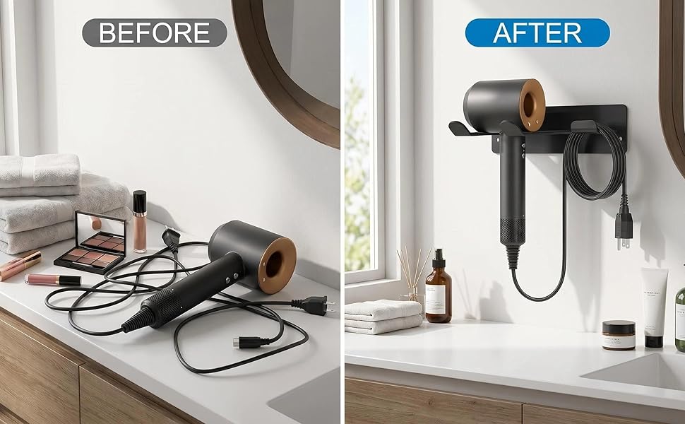 Split image labeled 'BEFORE' and 'AFTER' showing cable management transformation using black cylindrical organizers on desk workspace.