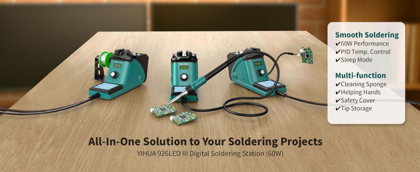 The 926-III 60W Green Soldering Station features PID temperature control, sleep mode