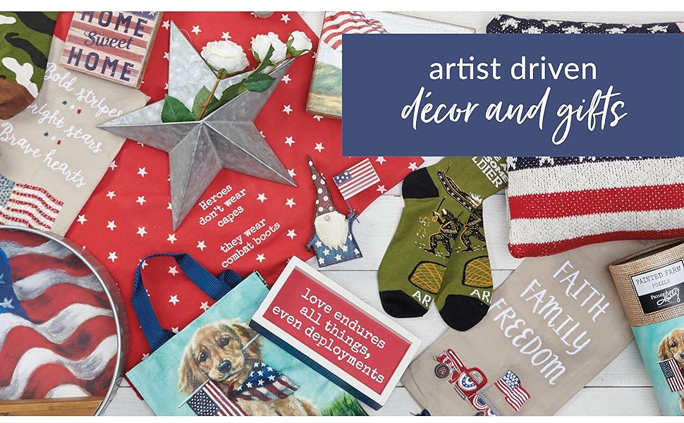 Patriotic gifts and décor such as totes, socks, pillows, towels, wall décor, puzzles, and box signs.