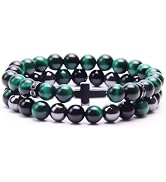 GDLKPYHS Cross Bracelet for Men - Black Obsidian Hematite Tiger Eye Triple Protection Bracelet Se...