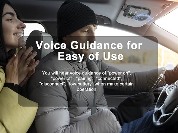 Text reads 'Voice Guidance for Easy of Use'. Multiple images showing device usage in car settings, featuring steering wheels and dashboard interactions.