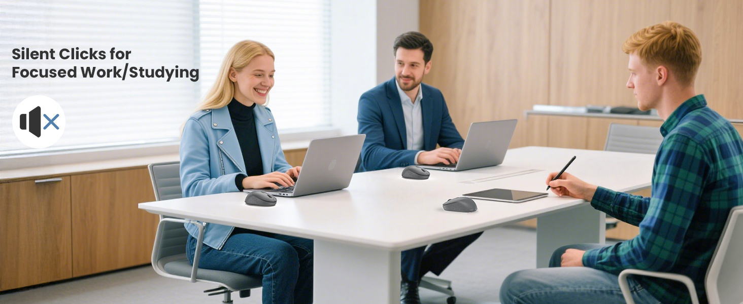 Text reads 'Silent Clicks for Focused Work/Studying'. Office environment with people working at desks, duplicate of Image 5.