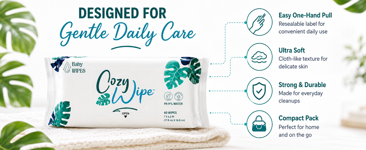 Cozy Wipe soft pack showing resealable label, cloth-like wipe, and daily-use features.