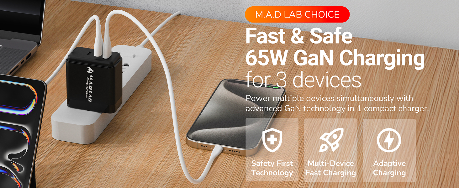 Fast &amp;amp; Safe 65W GAN Charging for 3 devices