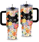xiiai Black Cat &amp; Floral Tumbler 40oz with Handle and Straws, Leak - proof, Stainless Steel Insul...