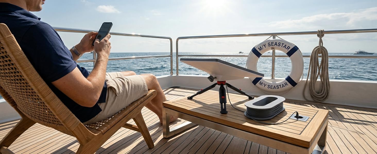 Starlink Mini ethernet cable rack organizer used on a luxury yacht deck table