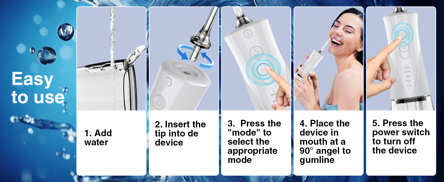 Step-by-step instruction diagram showing five steps for installing a device, featuring blue water droplet icons and numbered installation procedures.