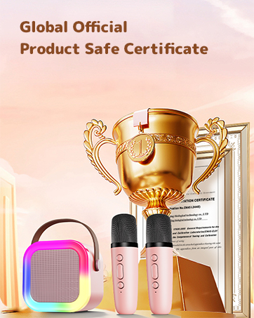 Text reads 'Global Official Product Safe Certificate' with golden trophy icon. Image shows pink cosmetic containers and rainbow-colored compact case.