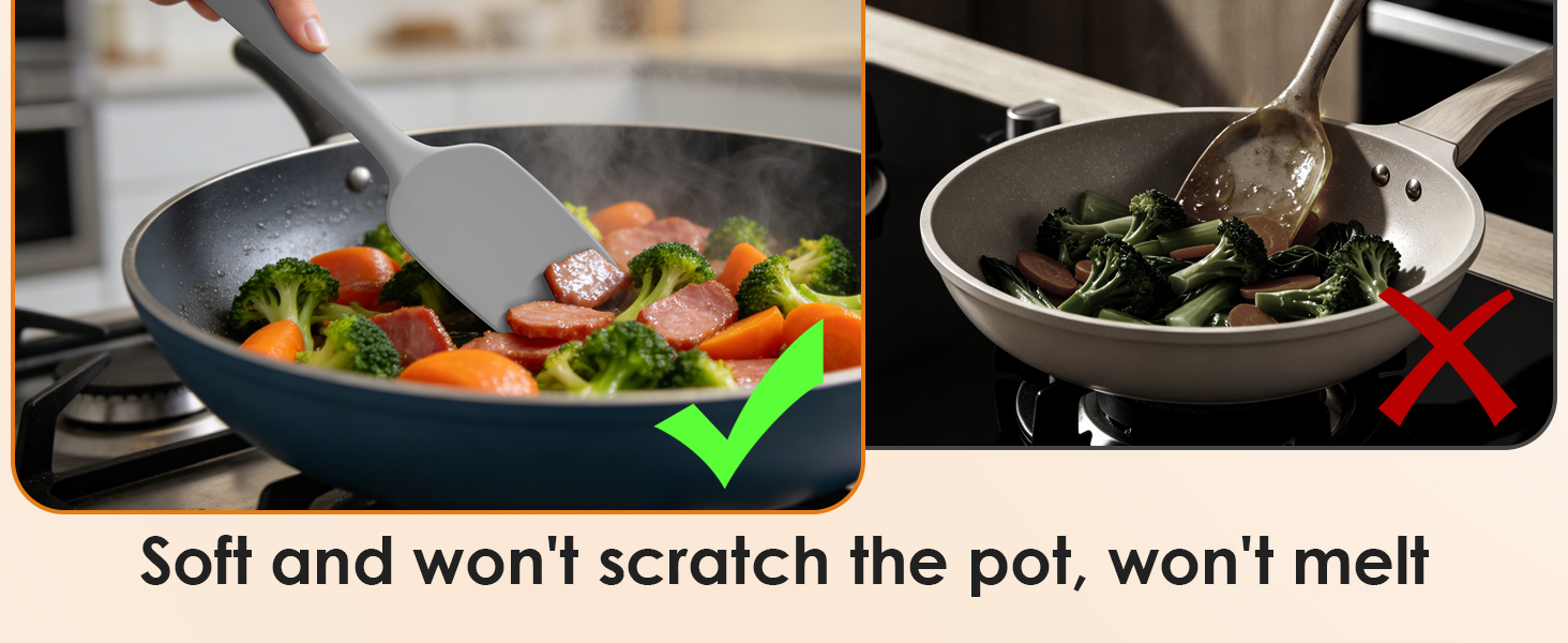 Silicone spatula stirs food without scratching non-stick pans, safe vs metal utensils