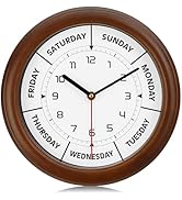 Lafocuse Solid Wood Frame Day of The Week Clock Brown,Silent Non Ticking Day Clocks for Retiremen...