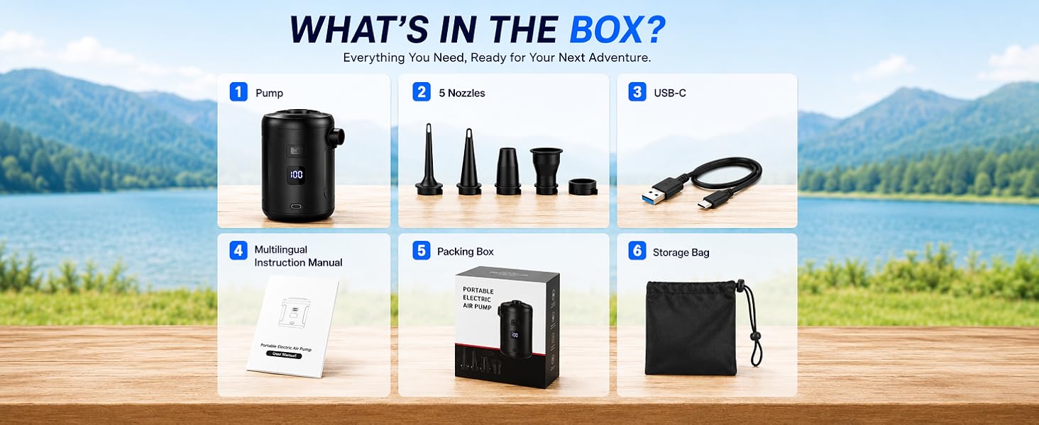 Portable air pump package including pump five nozzles USB-C cable storage bag instruction manual