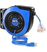 SURAIELEC 12 Gauge Retractable Extension Cord Reel, 60 FT 12 AWG/3C SJTOW Heavy Duty Power Cord, ...