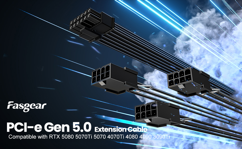 Fasgear GPU Power Extension 12vhpwr Cable 16pin to pcie 3 8pin 6+2 female cable 4090 4080 3090 ti