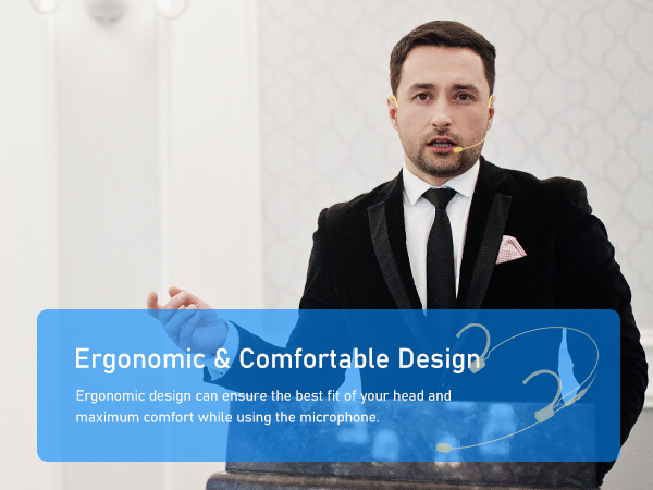 Blue text overlay on image highlighting 'Ergonomic &amp; Comfortable Design' for a microphone, emphasizing best fit and maximum comfort during use.