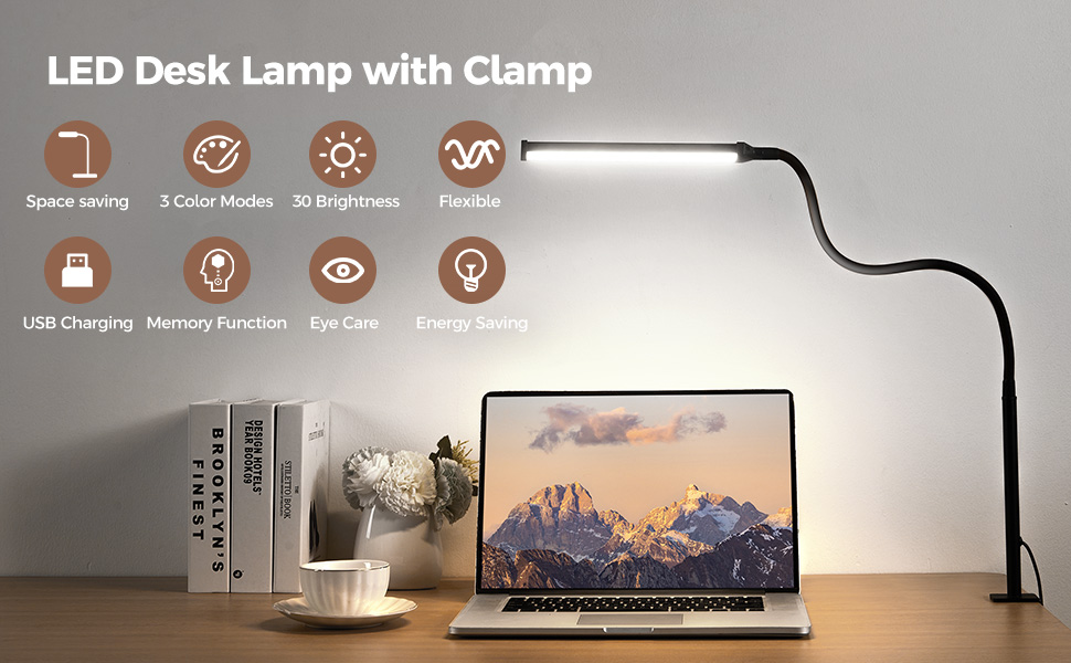 LED desk lamp with flexible gooseneck and clamp mount, shown illuminating a laptop. Features multiple control icons including brightness, timer, and memory functions.