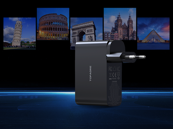 USB C Travel Charger 4-Ports Foldable Travel Adapter Plug Converter with UK/EU/AU Plugs