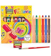 FUNLAVIE 3 in 1 Colored Pencils Set, 6 Jumbo Fat Watercolor Crayons &amp; Coloring Pencils Combo,Easy...