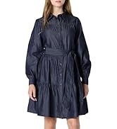 Essentials Women's Fit and Flare Denim Chambray Long-Sleeve Tiered Shirtdress