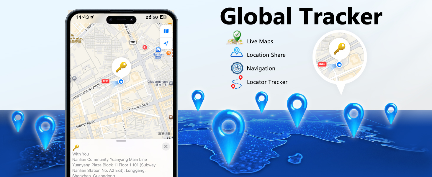 Text reads 'Order Tracker'. Digital interface showing map-based tracking system with location markers and navigation elements against blue background.