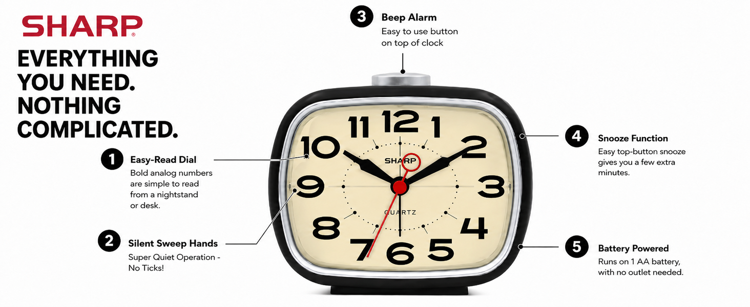 battery powered portable alarm clock retro cool 50s 60s 70s bedside alarm easy to read analog