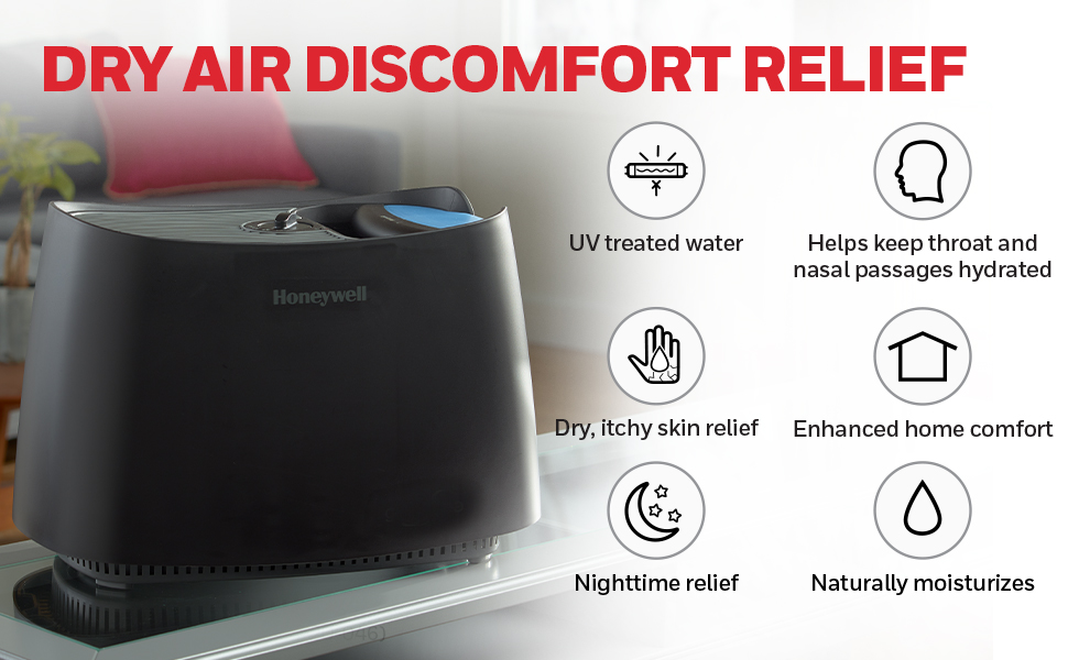 dry air relief; relieves itchy skin, keeps throat and nasal passages hydrated; use at night; natural