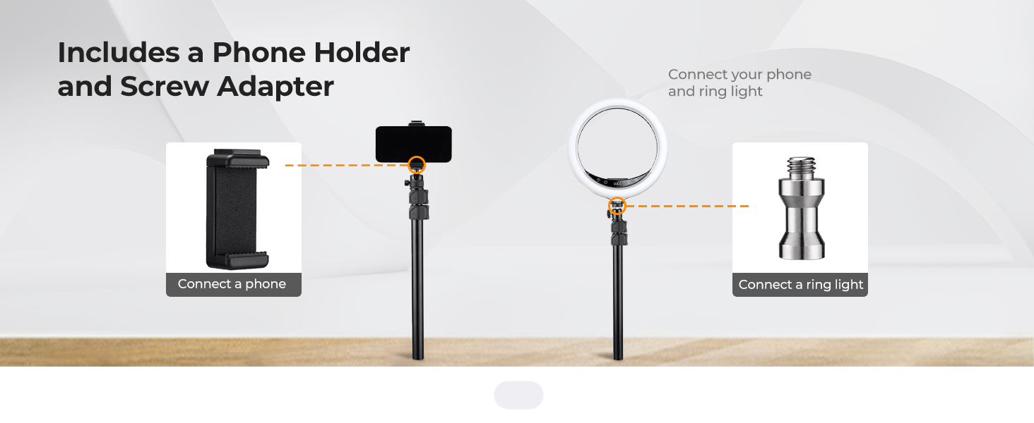 Text reads 'Includes a Phone Holder and Screw Adapter'. Diagram showing phone mount accessories and installation components.
