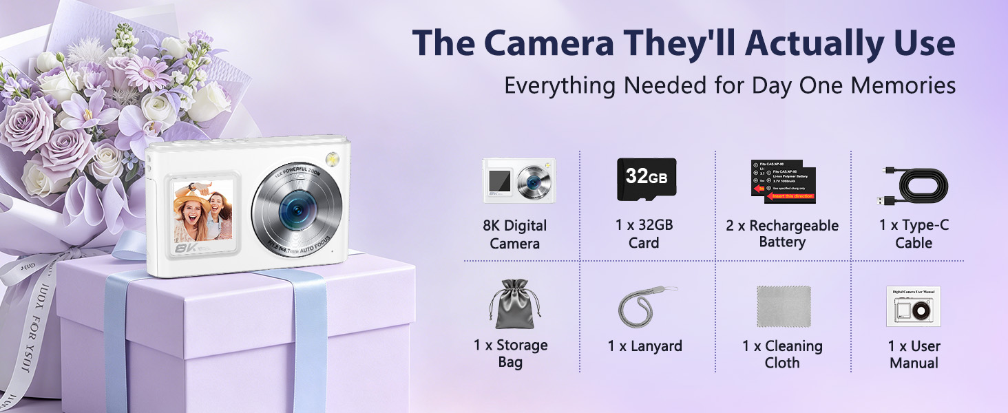 Digital camera starter kit with 32GB card, 2 batteries, lanyard, pouch, and type-C cable