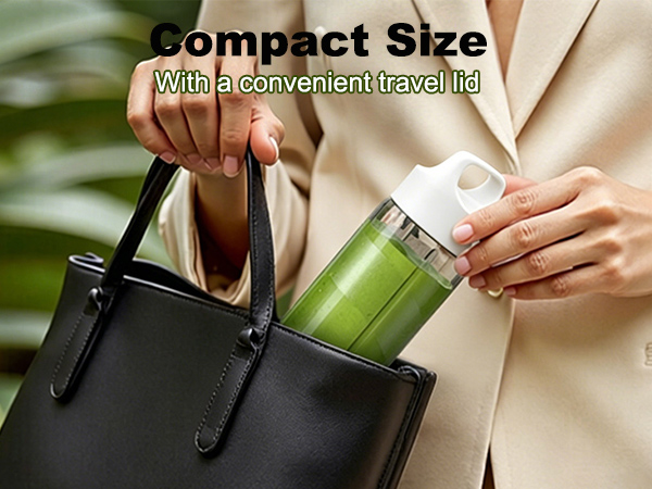 Text reads "Compact Size" and "With a convenient travel kit". Person holding green portable device in black tote bag, demonstrating compact portability.