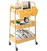 danpinera 3-Tier Rolling Cart, Metal Rolling Storage Cart with Lockable Wheels &amp; Hanging Cups &amp; H...