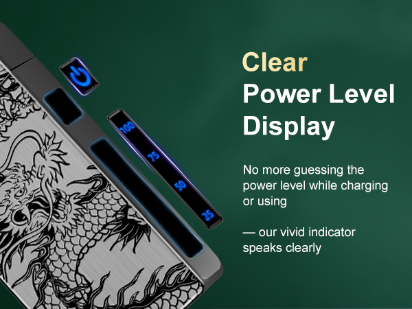 Text reads 'Clear Display' and 'Power Level Display'. Close-up product shots showing illuminated blue LED power indicator display against dark background.