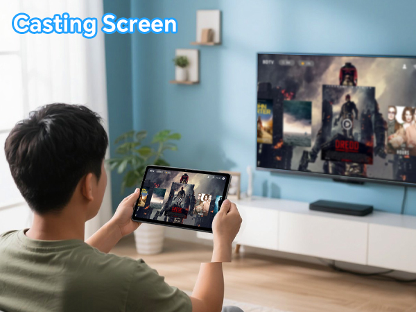 Text reads 'Casting Screen'. Person using smartphone to cast content to large TV screen in home setting with blue wall background.