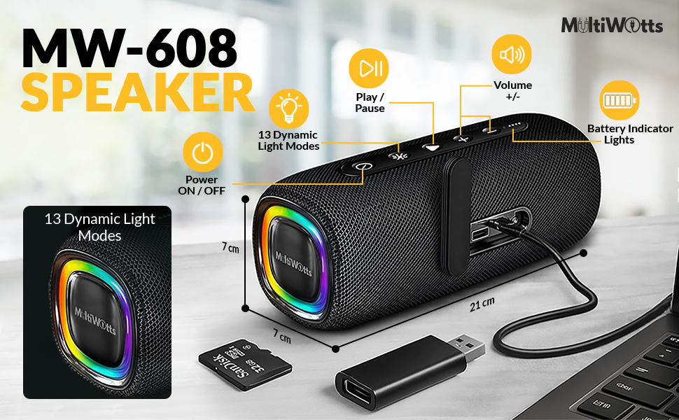 MW-608 speaker dimensions 21cm long portable bluetooth audio with 13 dynamic RGB light modes