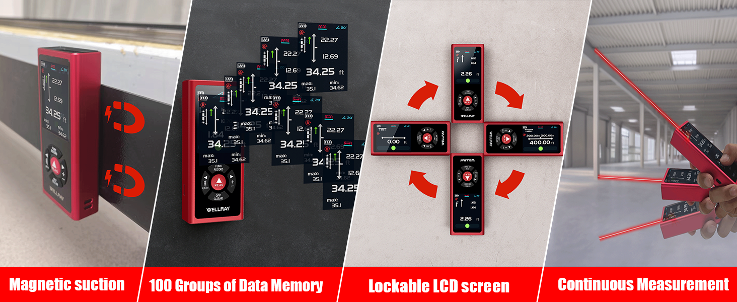 Magnetic suction 100 Groups of Data Memory Lockable leD screen Continuous Measurement