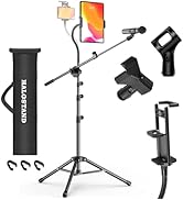 Microphone Stand with IPAD Clip, Floor Foldable Mic Stand with Phone Clip,Heavy Duty Tripod Boom ...