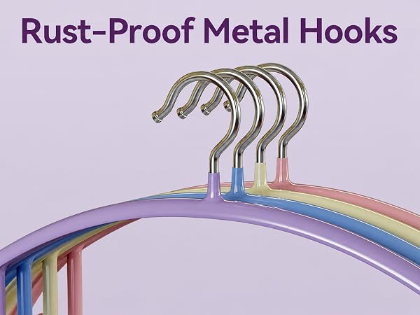 Text reads 'Rust-Proof Metal Hooks'. Set of curved silver metal hooks displayed on rainbow-colored rope on lavender background.