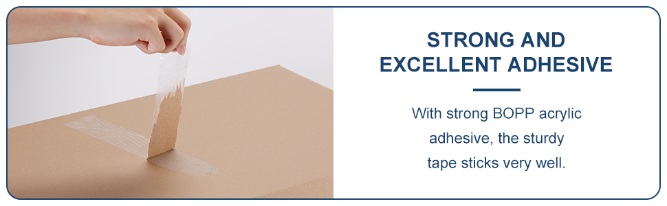 Text reads 'STRONG AND' 'EXCELLENT ADHESIVE' with demonstration of applying adhesive material to a surface.