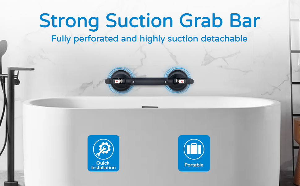 Black suction cup grab bar attached to white bathtub. Product features strong suction, is fully perforated, detachable, portable, and requires quick installation.
